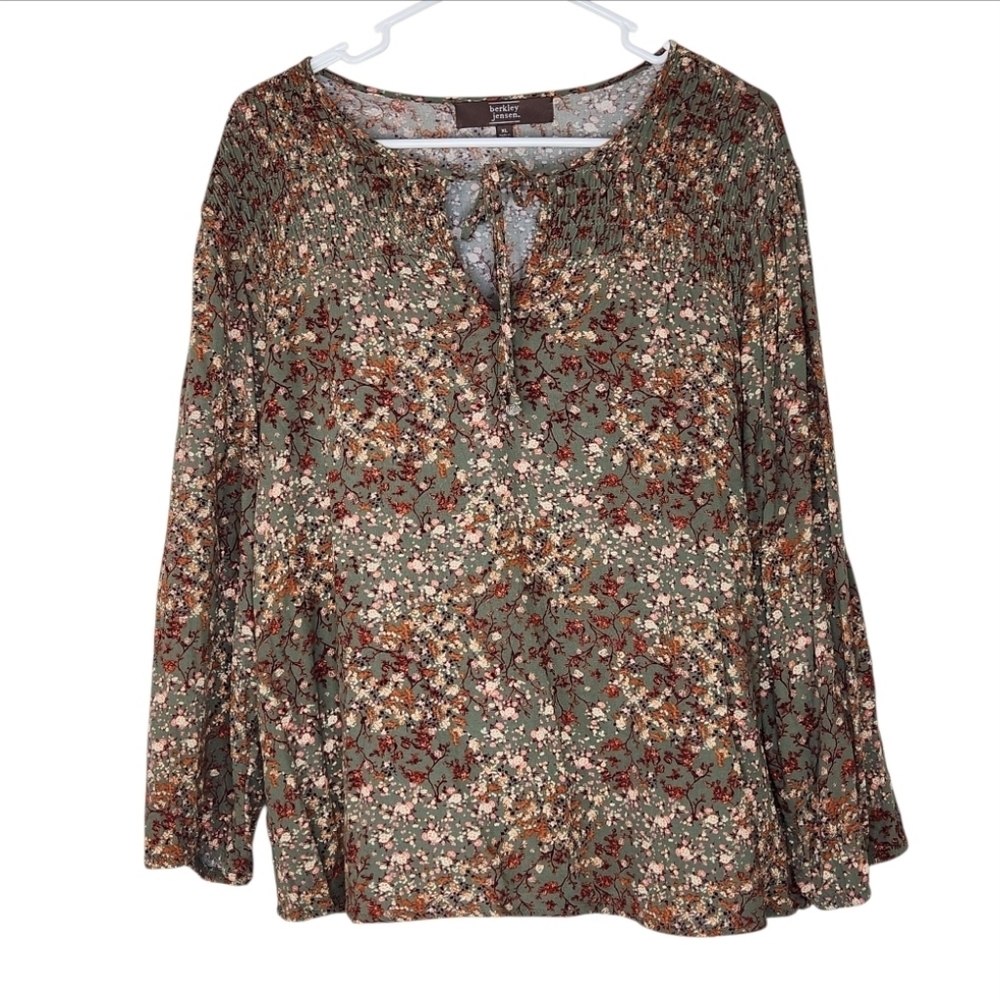 Berkley Jensen Olive Green & Tan Ditsy Floral Balloon Sleeve Blouse Size XL